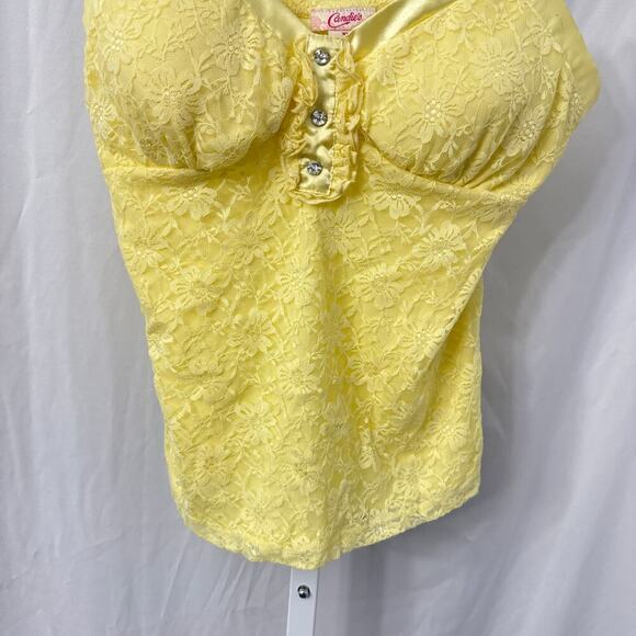 Candies Y2K Babydoll Top XL Yellow Lace Rhinestone Floral - Picture 8 of 12